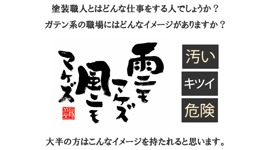 塗装職人とはどんな仕事をする人でしょうか？ガテン系の仕事にはどんなイメージがありますか？汚い　キツイ　危険　　雨にも負けず風にも負けず　大半の方はこんなイメージを持たれると思います。