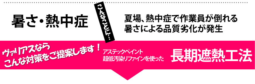 暑さ、熱中症　夏場熱中症で作業員が倒れる、暑さによる品質劣化が発生　ヴァリアスならこんな対策をご提案！　　アステックペイント超低汚染リファインを使った長期遮熱工法