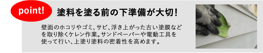 塗料を塗る前の下準備が大切！　壁面のホコリやゴミ、サビ、浮き上がった古い塗膜などを取り除くケレン作業。サンドペーパーや電動工具を使って行い、上塗り塗料の密着性を高めます。