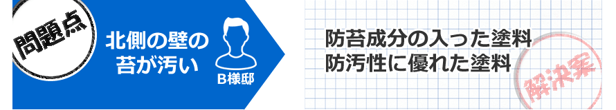 問題点北側の壁の苔が汚い　解決案防苔成分の入った塗料、防汚性に優れた塗料