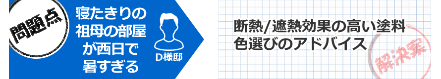 問題点寝たきりの祖母の部屋が西日で暑すぎる　解決案断熱/遮熱効果の高い塗料、色選びのアドバイス